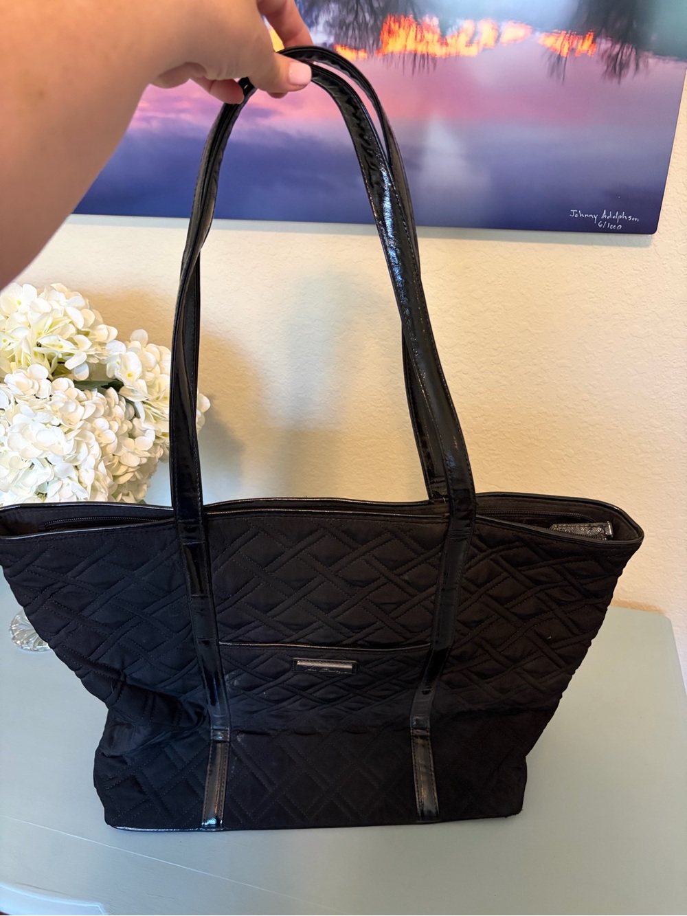 Vera Bradley Black Quilted Tote with Patent Trim